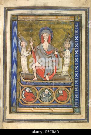 La résurrection du Christ. Livre d'heures. L'Angleterre ; années 1280-1290. Ensemble (folio) Christ'progression de la tombe, flanqué de deux anges gardiens, avec coin nuit situé dans cocardes placées sur le côté de la tombe de droit prises à partir de la réserve d'heures. Publié à l'origine/produit en Angleterre ; années 1280-1290. . Source : Harley 928, f.9. Langue : le latin. Banque D'Images