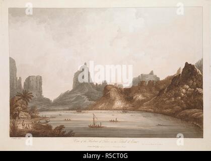 Vue sur le port de Taloo dans l'île de Eimeo. Paysage avec plusieurs petits navires et des canoës sur un lac, en pente abrupte, montagnes couvertes d'arbres, autour d'elle et trois chiffres sur la rive gauche de l'avant-plan, où les bateaux sont en train de mettre en. . Vue sur le port de Taloo dans l'île de Eimeo. Vide : Cook's last Voy. Vol II, Chap C. / J. Webber fecit. "Treize Vues des îles de l'océan Pacifique, &c, par I. Webber, 1787-92.â€™. Londres : Publiée le 1 juillet 1789 par I. Webber, n° 312 Oxford Street., [1 Juillet 1789]. Source : Maps.7.tab.74.f. Banque D'Images