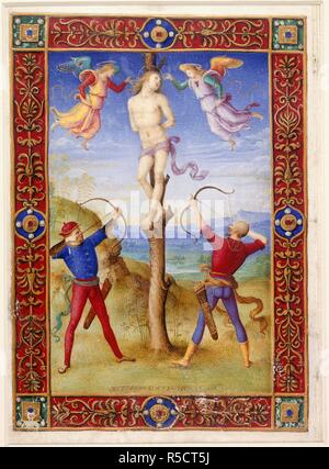 Martyre de Saint Sébastien. Heures de Bonaparte Ghislieri. [Italie] Bologne ; vers 1500. [Folio] heures du Saint-Esprit. Saint Sébastien attaché à un arbre dont les branches ont été lopped, avec deux anges. Deux archers tirer leurs arcs pour tirer, chacun a un carquois de flèches. Situé dans un paysage verdoyant avec de l'eau et les collines au loin. Frontières de la décoration d'acanthe symétriques, avec coin de joyaux et de pièces-centre image réalisée à partir d'heures de Bonaparte Ghislieri. Publié à l'origine/produit en Italie [Bologne] ; vers 1500. . Source : Yates Thompson 29, f.132v. Langue : le latin. Auteur : Banque D'Images