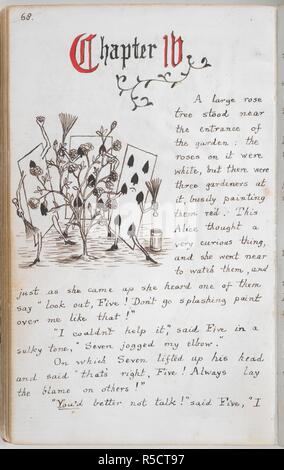 La peinture des jardiniers rosier. Aventures d'Alice sous terre [in Wonderland]. [Angleterre] Oxford ; 1862-1864. [Folio] texte et dessin de l'ouverture du chapitre IV : dans le magnifique jardin, Alice trouve les jardiniers, sous la forme de cartes à jouer, les roses blanches sont la peinture sur le grand arbre rose avec de la peinture rouge Image réalisée à partir d'aventures d'Alice sous terre [in Wonderland]. Publié à l'origine/produit en Angleterre [Oxford] ; 1862-1864. . Source : ajouter. 46700, f.35v. Langue : Anglais. Auteur : Charles Lutwidge Dodgson,. Charles Lutwidge Dodgson,, pseud. Lewis Carroll. Banque D'Images