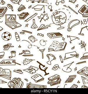 Retour à l'école, à la main à l'encre noire sur papier quadrillé silhouettes, croquis, doodle, vector seamless pattern Banque D'Images