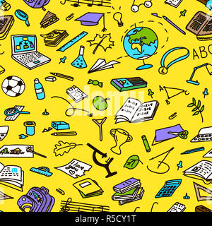 Les objets d'enseignement à la main sur des silhouettes de couleur jaune, sketch, doodle Banque D'Images