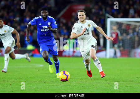 Diogo Jota de loups au cours de la Premier League match entre Wolverhampton Wanderers et Cardiff City Cardiff City au Stadium, Cardiff, Pays de Galles le 30 novembre 2018. Photo par Dave Peters. Usage éditorial uniquement, licence requise pour un usage commercial. Aucune utilisation de pari, de jeux ou d'un seul club/ligue/dvd publications. Banque D'Images