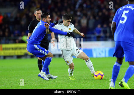 Ruben Vinagre de loups au cours de la Premier League match entre Wolverhampton Wanderers et Cardiff City Cardiff City au Stadium, Cardiff, Pays de Galles le 30 novembre 2018. Photo par Dave Peters. Usage éditorial uniquement, licence requise pour un usage commercial. Aucune utilisation de pari, de jeux ou d'un seul club/ligue/dvd publications. Banque D'Images