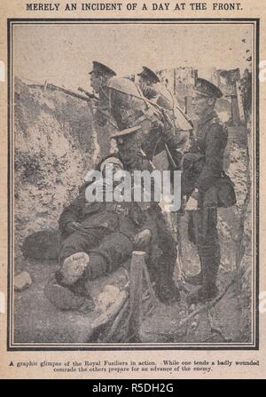 "Seulement un incident d'un jour à l'avant'. '...Les Fusiliers royaux en action." Une scène dans les tranchées pendant la Première Guerre mondiale. Daily Sketch. Londres, 1915. Source : Daily Sketch, 18 septembre 1915, page 6. Banque D'Images