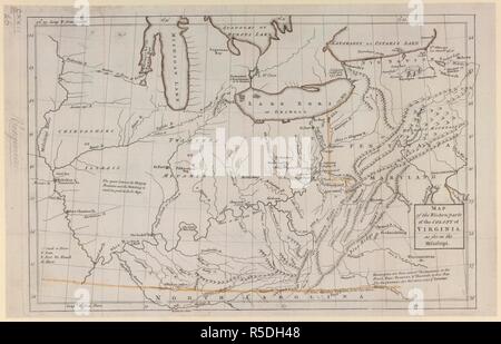 Une carte de la partie occidentale de la colonie de la Virginie jusqu'au Mississippi. Plan de la partie occidentale de la colonie de Virginie, en ce qui concerne le Mississipi. [Paris] : [Thomas Jefferys], [1754]. La gravure sur cuivre, part en couleur Contour. Source : Maps K.Haut.122,46. Langue : Anglais. Banque D'Images