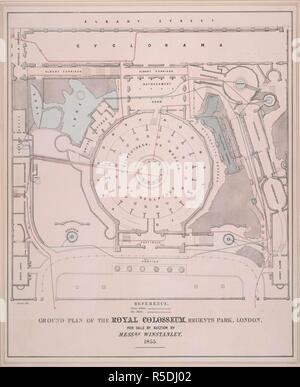 Plan au sol de la Royal Colisée, Regents Park, Londres. Plan au sol de la Royal Colisée, Regents Park, Londres. 1855. Longueur : 470. Largeur : 584 Ce plan a été produit pour la vente aux enchères 1855 de la salle, montrant les diverses attractions et les principaux gaz et en eau à la structure. Le grand hall d'exposition a été conçu par Decimus Burton et comportait un dôme plus grand que celui de la Cathédrale St Paul. Il a été démoli en 1875. Source : Maps Crace Port. 14.36. Auteur : Basire, James, le plus jeune. Banque D'Images