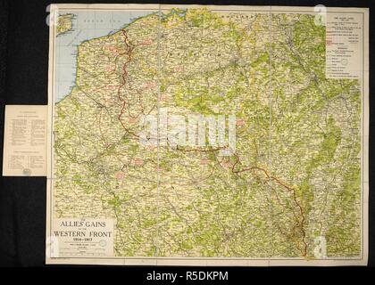 Un plan de la Première Guerre mondiale : les gains des alliés sur le front de l'Ouest, 1914-1917. Les gains des alliés sur le front de l'Ouest, 1914-1917. L'échelle, 1 : 633 000, 10 miles  = 1 pouce. ([Avec] de nombreux-photographies officielles). Londres : G. Philip & Fils, [1918]. 880 x 710 mm. ; l'échelle 1 : 633 000. Source : Maps.14317.(84). Banque D'Images