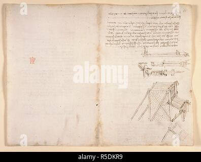 Dessins de Leonardo Da Vinici sur sur les pouvoirs et les forces mécaniques, percussion, gravité, mouvement, l'optique et l'astronomie, avec diverses propositions arithmétiques et géométriques. Ordinateur portable de Léonard de Vinci. L'Italie, au début du 16e siècle. Écrit à l'envers dans la main de l'auteur, et illustrée par des schémas et des délimitations. Leonardo Da Vinci's livre rugueux d'observations et des démonstrations sur des sujets principalement des mathématiques mixtes., étant sans rapport des notes écrites par lui, à différents moments, à compter du 22 mars,1508. Source : Arundel 263, ff.91v, 81. Langue : Italien. Banque D'Images