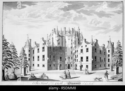 Le Château de Glamis. Une vue, à l'encre de Chine, de l'avant du château. ca. 1746. Une vue, à l'encre de Chine, de l'avant du château de Glammis, au sud ; Mme 1 f. x 8 1/2 in. 30 x 22 cm. Image réalisée à partir d'une vue, à l'encre de Chine, de l'avant du château de Glammis, au sud ; dessiné par John Elphinstone.. Publié à l'origine/produit en ca. 1746. . Source : Maps.K.Haut.49.23.a.5,. Langue : Anglais. Banque D'Images