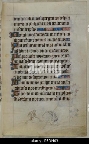 Bas-de-page scène de deux garçons fouetter un top. Psautier ('Le psautier de la Reine Mary"). Angleterre (Londres/Westminster ou East Anglia ?) ; entre 1310 et 1320. Source : Royal 2 B. VII, f.164. Langue : Français de l'Amérique latine, avec les légendes des images. Banque D'Images