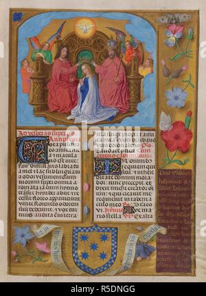 Couronnement de la Vierge. Sanctorale ; Fête du Couronnement de la Vierge, la Vierge à genoux, avec l'Esprit Saint au-dessus ; les anges jouant de la harpe, violon,et le luth.Text, décoré d'initiales. Frontières de trompe-l'oeil décoration avec des fleurs et des insectes. À pied, les bras de Francisco de Rojas, avec morte contenant l'inscription de Jean 1, 5, et une inscription dédicatoire. Isabella bréviaire. S. Pays-bas [Bruges ?] ; années 1490-1497. Source : ajouter. 18851, f.437. Langue : le latin. Auteur : Maître de Jacques IV d'Écosse. Banque D'Images