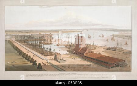 Bird's-eye-view des bateaux amarrés au quai du Nouveau-Brunswick ; la Tamise s'étendant à l'horizon, les champs et le bétail vers la gauche ; un chantier naval avec les chevaux, les figures et le bois d'au premier plan. . Brunswick Dock sur la Tamise à flancs noirs. / Dessiné et gravé par Wm Daniell. [Paris] : & publié par lui à No9 Cleveland Street Fitzroy Square, Londres, 1803 20 Octr. 1 : Impression avec aquatinte part-coloration ; 49,3 x 85,3 cm plaque, sur feuille 58,8 x 93,8 cm. Source : Maps K.Haut.21.31.5.b.port.11.TAB. Auteur : DANIELL, WILLIAM. Banque D'Images