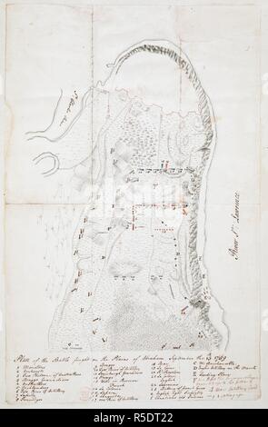 Plaines d'Abraham, de l'Amérique du Nord : le plan de la bataille il y a : 1759. La bataille des plaines d'Abraham, également connu sous le nom de la bataille de Québec, (Bataille des Plaines d'Abraham ou PremiÃ¨re bataille de QuÃ©bec en français) a joué un rôle essentiel dans la bataille de la guerre de Sept Ans (appelée la Guerre de sept aux États-Unis). La bataille, qui a débuté le 13 septembre 1759, a opposé l'Armée britannique et de la marine, et l'armée française, sur un plateau, juste à l'extérieur des murs de la ville de Québec. . Les plans d'opérations militaires, en Amérique du Nord, etc. 1716-1783. 1750. Source : ajouter. 15535. Banque D'Images