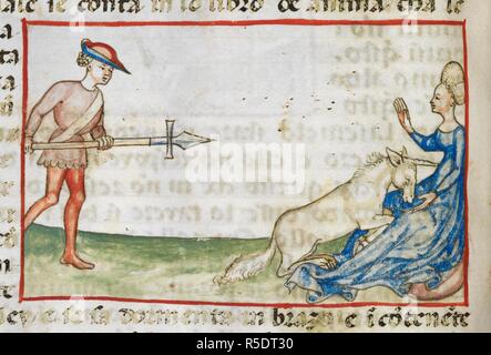 Détail d'un dessin teinté d'une femme protégeant une licorne d'un chasseur. . Flore de virtu e costumi (fleurs de la vertu et de la coutume). L'Italie, N. (Padoue ?) ; 2e quart du 15e siècle. Source : Harley 3448 f. 36v Détails. Auteur : ANON. Banque D'Images