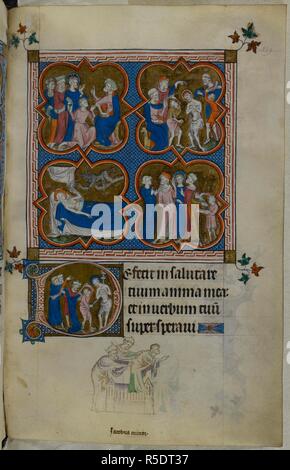 Miniature, avec quatre scènes de la Passion du Christ, avec une initiale historiée 'D'(déficit) de la flagellation du Christ. Un bas-de-page scène de James le moins d'être jeté en bas du toit du temple. Psautier ('Le psautier de la Reine Mary"). Angleterre (Londres/Westminster ou East Anglia ?) ; entre 1310 et 1320. Source : Royal 2 B. VII, f.249. Langue : Français de l'Amérique latine, avec les légendes des images. Banque D'Images