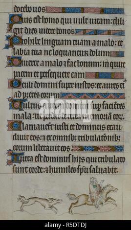 Bas-de-page scène montrant un tigre poursuivant un cavalier, qui est l'accomplissement de son ourson. Psautier de la reine Mary. Angleterre (Londres) ; années 1310-1320. Source : Royal 2 B. VII, f.122v. Langue : le latin. Banque D'Images