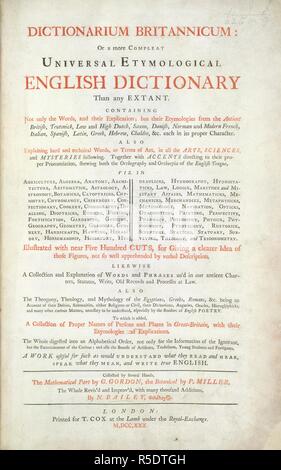 Dictionnaire français-anglais. Dictionarium Britannicum : ou compleat university. T. Cox : Londres, 1730. La page de titre à l'Dictionarium Britannicum. Image réalisée à partir d'Dictionarium Britannicum : ou plus d'un dictionnaire étymologique Anglais universel compleat que tout les recueillies par plusieurs mains, la partie mathématique par G. Gordon, le jardin botanique par P. Miller. L'ensemble de l'revisâ improvâ et€ d€™avec plusieurs milliers d'ajouts, par N. Bailey. Publié à l'origine/produit dans T. Cox : Londres, 1730. . Source : 625.k.7, page de titre. Langue : Anglais. Banque D'Images