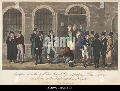 Les symptômes de l'arrivée de certains "sortes de Life â€" Tom, Jerry & logique dans la presse de triage à Newgate. [Vie à Londres, etc.]. Londres, 1823. Source : 838.i.2 page 280 en face de la plaque. Auteur : Egan, PIERCE. CRUIKSHANK, GEORGE. Cruikshank, I. R. Banque D'Images