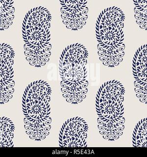 Bloc bois indigo ont imprimé ethnique transparente motif Paisley. Ornement oriental traditionnel de l'Inde, bleu marine sur fond écru. Le design textile. Illustration de Vecteur