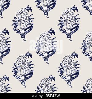 Bloc bois indigo ont imprimé ethnique transparente motif Paisley. Ornement oriental traditionnel de l'Inde avec le houblon, bleu marine sur fond écru. Illustration de Vecteur