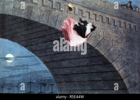 Une jeune femme a sauté d'un pont, deux spectateurs sont debout sur le pont dans le coin supérieur droit ; les mâts de navire sont visibles en bas à gauche sous le bandeau du pont par lequel brille la pleine lune. Banque D'Images
