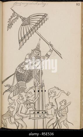 Scène du Ramakien (version thaï du Ramayana) . Ramakien (version thaï du Ramayana). 1880. Matériaux : papier européen Dimensions : 230 mm x 355 mm : Script script Khom, une variante de khmre utilisé en Thaïlande au crayon. Source : Ou. 14859 f.83. Langue : Thaï. Banque D'Images