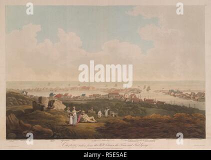 Un comité permanent de la famille avec leur chien au sommet d'une colline regarder la vue depuis l'avant-plan, avec des chiffres et des chevaux au-delà. Maisons dans le quartier de Peter Moy sur la gauche, Willemstad au milieu, et Fort Amsterdam, batteries, l'entrée du port et un moulin à vent sur le droit à l'arrière-plan. CuraÃ§ao, prises à partir de la colline entre la ville et le fort George. [Paris] : Paru le 2 mars 1812 par messieurs.d. BOYDELL & Co. no 90, Cheapside, Londres, mars 1812 [2]. La main, l'aquatinte et la gravure. Source : Maps K.Haut.123.123.2. Langue : Anglais. Auteur : ceinture, James. Banque D'Images