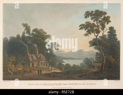 Les chiffres sur un chemin par un chalet en premier plan ; bateaux sur l'eau au sol ; collines au loin, les arbres tout au long de la scène. Vue Ouest de l'ANGLETERRE FERRY de NORTON près du MUMBLES. [Paris] : Publiée par F. Jukes No10 Rue Howland., 2e 1795 Novr. L'aquatinte et la gravure avec la main-coloration. Source : Maps K.Haut.47,46.b. Langue : Anglais. Auteur : Jukes, F. Walmsley, T. Banque D'Images