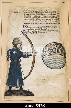 Ensemble (folio) Archer (John Gower ?) en tunique bleu long et un chapeau, avec des flèches qui s'enfonce dans sa ceinture, tir à une globe tripartite. Quatre lignes du verset ci-dessus, concernant l'auteur comme un satiriste, tirant des flèches dans le monde entier, de façon à frapper les méchants. Vox Clamantis. L'Angleterre ; vers 1408. Source : Cotton Tiberius A. IV, f.9c. Langue : le latin. Banque D'Images