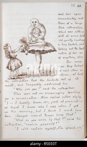 Alice et la chenille. Aventures d'Alice sous terre [in Wonderland]. [Angleterre] Oxford ; 1862-1864. [Folio] texte et dessin du chapitre III : Alice rencontre la chenille bleu assis sur un gros champignon, avec ses bras croisés, et fumer un narguilé Image réalisée à partir d'aventures d'Alice sous terre [in Wonderland]. Publié à l'origine/produit en Angleterre [Oxford] ; 1862-1864. . Source : ajouter. 46700, f.26. Langue : Anglais. Auteur : Charles Lutwidge Dodgson,. Charles Lutwidge Dodgson,, pseud. Lewis Carroll. Banque D'Images