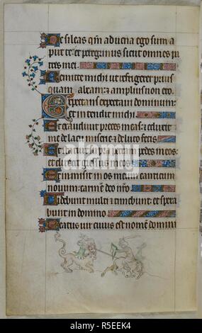 Bas-de-page d'une scène de joute hybride grotesque un chevalier, dont le cheval s'est effondré sous lui. Psautier ('Le psautier de la Reine Mary"). Angleterre (Londres/Westminster ou East Anglia ?) ; entre 1310 et 1320. Source : Royal 2 B. VII, f.133v. Langue : Français de l'Amérique latine, avec les légendes des images. Banque D'Images