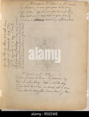 13 emblème ; Christ en porte. Ordinateur portable de William Blake. L'Angleterre ; années 1787-1818. [Folio] dessin d'un emblème robed figure, probablement représentant le Christ, descendant des nuages et qui entre par la porte de la mort, tenue par des anges et d'autre. Les brouillons autographes de trois poèmes ; 'Mr Stothard à M. Cromek', 'Mr à M. Cromek Stothard' et 'Je ne suis pas de perruque Hero vous connaissez tous' Image prise du portable de William Blake. Publié à l'origine/produit en Angleterre ; années 1787-1818. . Source : ajouter. 49460, f.17. Langue : Anglais. Banque D'Images