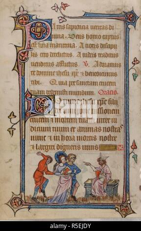 Bas-de-page scene du Christ devant Pilate. Livre d'heures, l'utilisation de Sarum ('Le Taymouth heures'). L'Angleterre, S. E. ? (Londres ?) ; 2e trimestre du 14ème siècle. Source : Yates Thompson 13, f.119v. Langue : le latin et le français. Banque D'Images