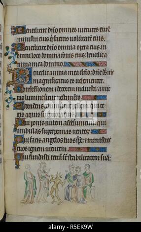 Bas-de-page scène d'une des légendes de la Vierge Marie dont une religieuse confesse ses péchés devant le pape et se transforme en l'image de la Vierge de confusion, le Diable, qui est son accusateur. Psautier ('Le psautier de la Reine Mary"). Angleterre (Londres/Westminster ou East Anglia ?) ; entre 1310 et 1320. Source : Royal 2 B. VII, f.218. Langue : Français de l'Amérique latine, avec les légendes des images. Banque D'Images