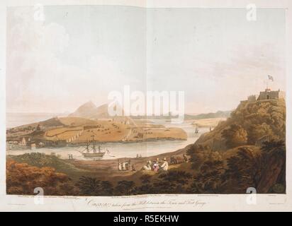 Chiffres, un chien et deux ânes au milieu et le drapeau britannique survolant le Fort George (Fort Nassau) au sommet d'une colline sur la droite au premier plan, en vue d'un bateau anglais de la voile sur la baie Sainte Anne au-delà. Un quai, watch-house, fort vigilant, St Ann's Hill et Christopher Hill peut être vu dans l'arrière-plan. CuraÃ§ao, prises à partir de la colline entre la ville et le fort George. [Paris] : Paru le 2 mars 1812 par messieurs.d. BOYDELL & Co. no 90, Cheapside, Londres, mars 1812 [2]. La main, l'aquatinte et la gravure. Source : Maps K.Haut.123.123.1. Langue : Anglais. Auteur : ceinture, James. Banque D'Images