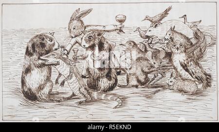 Les cobayes comfort de loi. Aventures d'Alice sous terre [in Wonderland]. [Angleterre] Oxford ; 1862-1864. [Ensemble] folio Dimensions du Chapitre II : les animaux et d'oiseaux regardez comme Bill, le petit lézard vert, est pris en charge dans les bras d'un cobaye, et a offert une bouteille de quelque chose par un autre, après Alice avait frappé le lézard par la cheminée Image réalisée à partir d'aventures d'Alice sous terre [in Wonderland]. Publié à l'origine/produit en Angleterre [Oxford] ; 1862-1864. . Source : ajouter. 46700, f.24. Langue : Anglais. Auteur : Charles Lutwidge Dodgson,. Charles Lutwidge Dodgson,, pseud. Lewis Banque D'Images