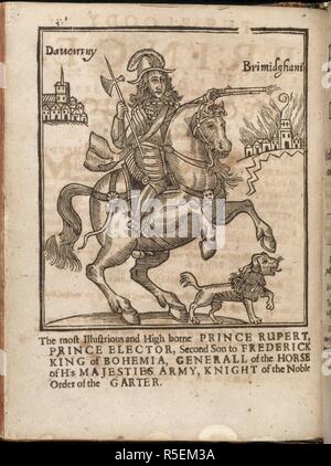 Prince Rupert. Le prince de sang, ou une déclaration des plus crcruell les pratiques de Prince Rupert et le reste de l'cavaliers en luttant contre Dieu ... Londres, 1643. Prince Rupert (du Rhin), à cheval. Son chien longe. Image tirée du prince de sang, ou une déclaration des plus pratiques cruell de Prince Rupert et le reste de l'cavaliers dans la lutte contre le vrai Dieu, et les membres de son église. Par I. W. [avec une coupe de bois représentant de Prince Rupert.]. Source : E.99.(14), page de titre. Banque D'Images