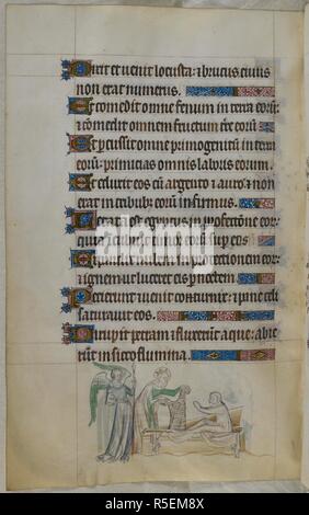 Bas-de-page scène de Mercurius étant réveillé de son tombeau par la Vierge Marie et un ange. Psautier ('Le psautier de la Reine Mary"). Angleterre (Londres/Westminster ou East Anglia ?) ; entre 1310 et 1320. Source : Royal 2 B. VII, f.222v. Langue : Français de l'Amérique latine, avec les légendes des images. Banque D'Images