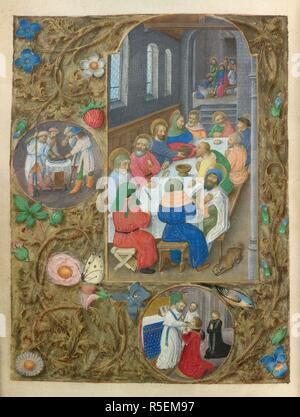 La dernière Cène. Soi-disant Heures de Philippe le Bel. S. Pays-bas [Bruges] ; vers 1495. [Ensemble] folio le Christ et les apôtres à la Dernière Cène ; en arrière-plan, le Christ lavant les pieds de ses disciples. Frontières de trompe-l'oeil décoration de fleurs, d'acanthe, et une fraise ; avec deux cocardes, y compris au pied, un prêtre donnant la communion image prise à partir de la soi-disant Heures de Philippe le Bel. Publié à l'origine/produit dans S. Pays-bas [Bruges] ; vers 1495. . Source : ajouter. 17280, f.96v. Langue : le latin. Auteur : Maître du livre de prière de Dresde. Banque D'Images