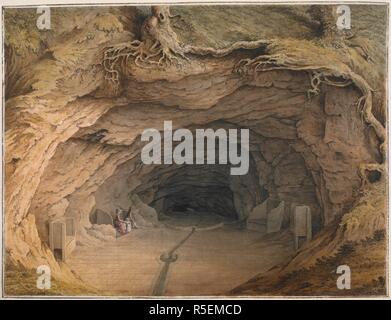 Deux personnages assis à l'entrée d'une vaste grotte ouverture ; sièges en pierre de chaque côté ; les racines des arbres de plus en plus près du sommet. Mère de l'Ludlem le trou de Moore Park, à 3 miles de Farnham et un 1/4 de mile dans les ruines de l'abbaye de Waverley, Surrey. 1790. Plume et encre noire avec l'aquarelle. Source : Maps K.Haut.40.24.2. Auteur : Grimm, Samuel Hieronymus. Banque D'Images