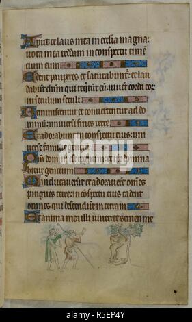 Bas-de-page scène d'une mère ape est poursuivi par deux chasseurs, l'un avec une corne. Selon la légende, elle portera son enfant dans ses bras et son moins favorite sur son dos, mais elle sera probablement déposer lorsqu'il est poursuivi. Psautier ('Le psautier de la Reine Mary"). Angleterre (Londres/Westminster ou East Anglia ?) ; entre 1310 et 1320. Source : Royal 2 B. VII, f.108. Langue : Français de l'Amérique latine, avec les légendes des images. Banque D'Images