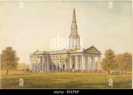 St George's Cathedral, Madras. Madras, 1849. Une vue sur St George's Cathedral, construit par Thomas Fiott de Havilland (1775-1866) avec chariots arrivant à la porte. St George's a été consacrée en 1816 et devient l'église cathédrale lorsque le diocèse de Madras a été constituée en 1835. L'aquarelle. Publié à l'origine/produite à Madras, 1849. . Source : RM, 4294. Auteur : Gantz, Justinien. Banque D'Images