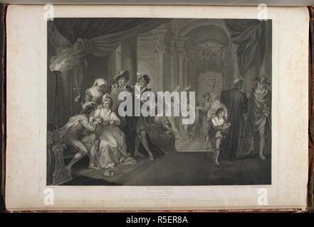 Roméo et Juliette Acte I Scène V- un hall de la maison de Capulet, Roméo, Juliette, infirmière & c. avec les invités et les carnavaliers. Une collection de gravures, de photos peint dans le but d'illustrer les Œuvres dramatiques de Shakspeare, par les artistes de Grande-Bretagne. Londres : J. & J. Boydell, 1803. Source : Tab.599.c vol. II, Tôles XLI. Langue : Anglais. Auteur : SHAKESPEARE, WILLIAM. MILLER, William. Banque D'Images