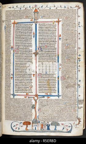 Un bas-de-page scène de trois personnes à l'extérieur d'un bâtiment. Décrétales de Grégoire IX avec glossa ordinaria (le 'Smithfield décrétales'). La France, S. (Toulouse), dernier quart du 13e siècle ou au 1er trimestre de la 14e siècle. Source : Royal 10 E. IV, f.25. Langue : le latin. Auteur : Raymond de PeÃ±afort, éditeur. Bernard de Parme, glossator. Banque D'Images