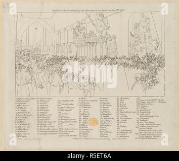Une cérémonie à la Guildhall. La cérémonie annuelle de l'administration du serment de. 1801. Référence à l'assermentation de M. Newnham maire le 8 novembre 1782. Image réalisée à partir de la cérémonie annuelle de l'administration du serment d'allégeance à la Guildhall, le 8 novembre, le jour précédant le jour du Maire, avec les portraits de l'ensemble de la Cour des échevins, les shérifs, un grand nombre de conseil, et plusieurs spectateurs 1782, peint par W. Miller, et gravé par B. Smith ; avec une plaque de références... Publié initialement en 1801. produits/ . Source : Maps.K.Haut.24.13.e,. Language Banque D'Images
