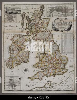 Une carte de la Grande-Bretagne et d'Irlande. Une curieuse nouvelle et Plaine Mapp d'Angleterre, Irlande, Ecosse et Pays de Galles ... gravées par W. Hollar ... L'anglais miles, 80[  = 76 mm.]. Avec les plans de Westminster en médaillon, Édimbourg, Oxford et Dublin]. Londres : Ro. Walton, 1654. Source : Maps 188.m.2. Langue : Anglais. Auteur : Hollar, Venceslas. Banque D'Images