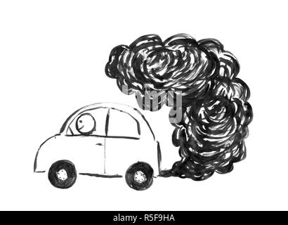 Dessin à la main d'encre noire de la pollution de la production de voiture Banque D'Images