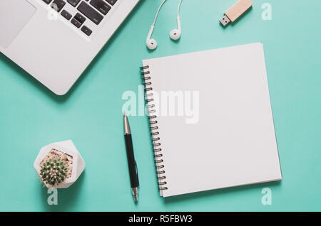 Concept de poste de travail de bureau. Ordinateur portable avec l'ordinateur portable blanc, cactus, stylo, mémoire flash, écouteurs sur fond bleu. Banque D'Images