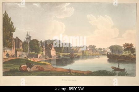 Bateaux sur une rivière ; les vaches sur la rive en premier plan, arbres et bâtiments bordant les rives . TWICKENHAM. [Paris] : Feby 1 1811 publié par l'Argile T. N° 18 Ludgate Hill Londres., [1811] 1 février. L'aquatinte et la gravure avec la main-coloration. Source : Maps K.Haut.30.19.e. Langue : Anglais. Auteur : Pugin, A. Banque D'Images